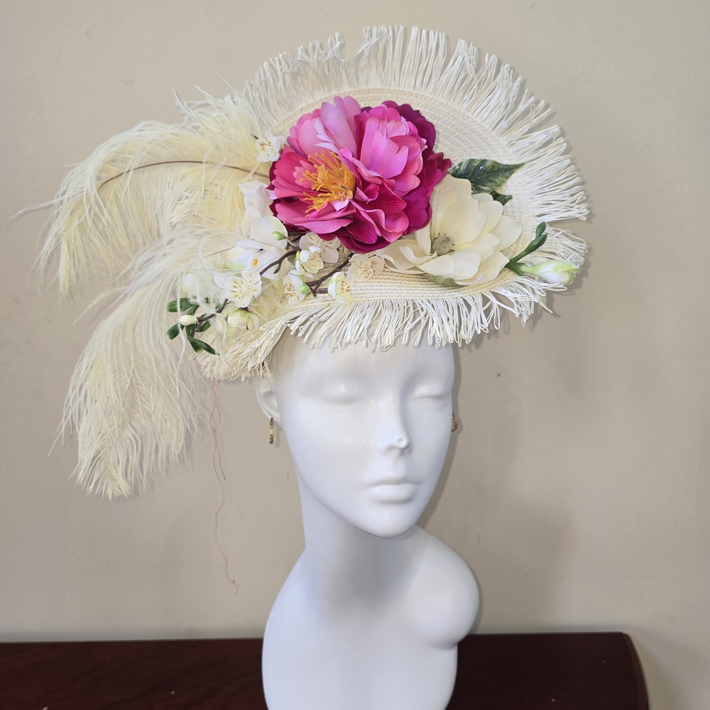Ivory Floral Feather Fascinator Hat with Pink Flower